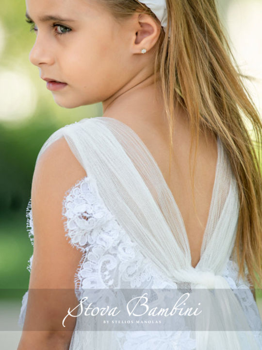 Stova Bambini Λευκό Βαπτιστικό Σετ Ρούχων με Φόρεμα & Αξεσουάρ Μαλλιών από Δαντέλα 2τμχ