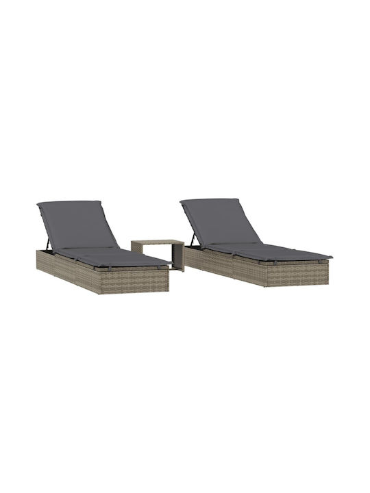 Sunbed Single Rattan with Cushion Gray with Table 2pcs 201x55x20cm.