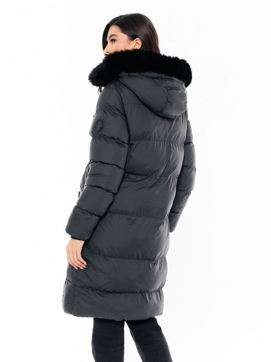 Biston Lang Damen Puffer Jacke mit pelziger Kapuze für Winter Grün