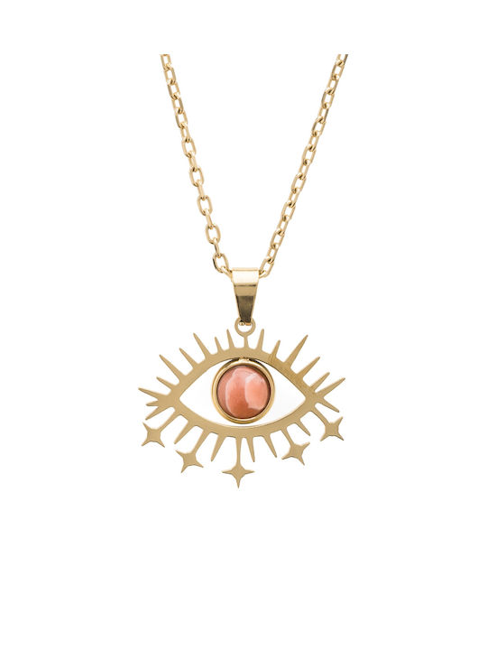 Gold Chain Necklace with Pendant Eye Rays with Pink Stone