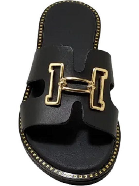 Leather Women's Flat Sandals in Black Color