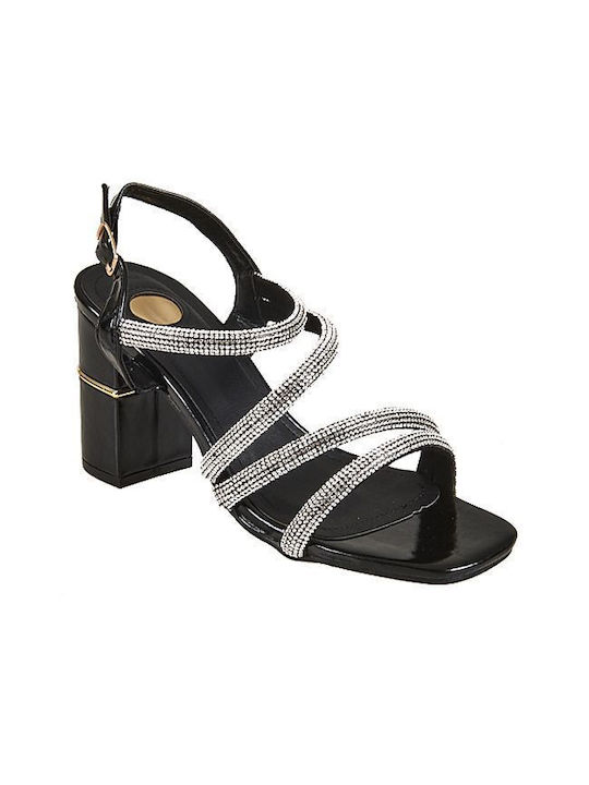 Elenross Women's Sandals with Strass Black with Chunky High Heel