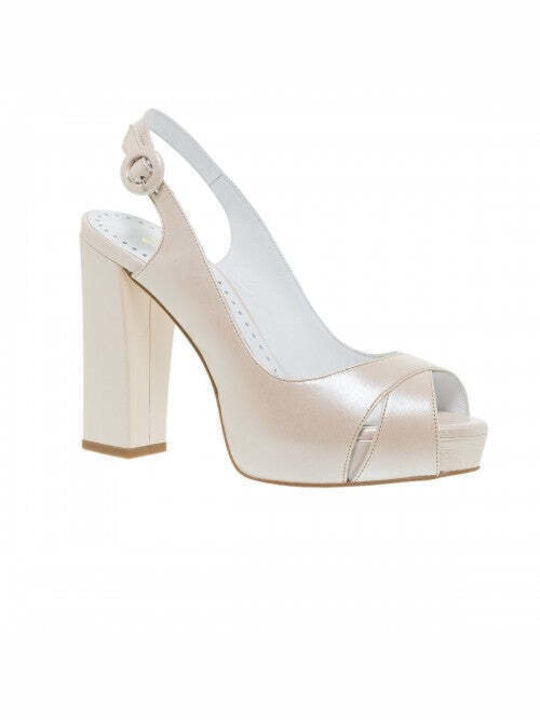 Mourtzi Leather Peep Toe Beige High Heels with Strap
