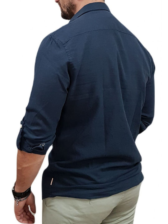 Rebase Men's Shirt Long Sleeve Linen Navy Blue