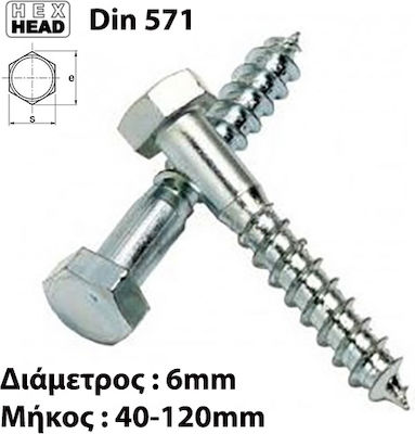 Helix Antrenor Screw Hexagonal Galvanizat DIN 571 cu Diametru M6 și Lungime 60mm 100buc