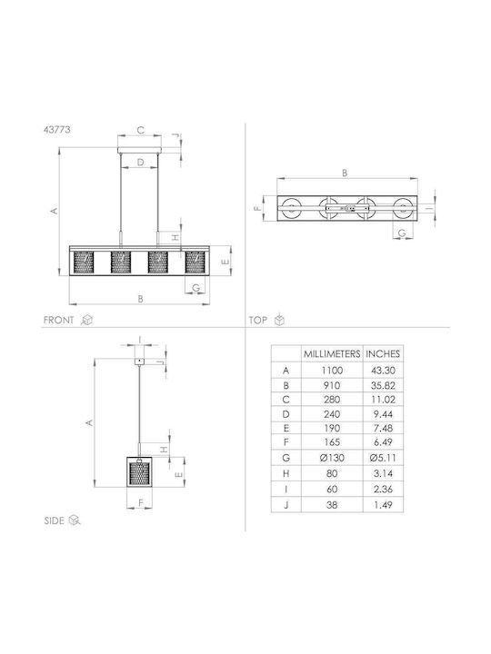 Eglo Catterick Suspendat Candelabru Calea ferată pentru 4 Becuri E27 Negru