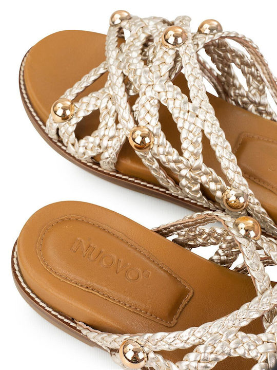 Leather Women's Flat Sandals in Gold Color