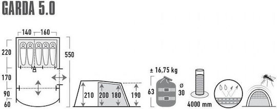 High Peak Garda 5.0 Winter Camping Tent Tunnel Grey with Double Cloth for 5 People 550x300cm