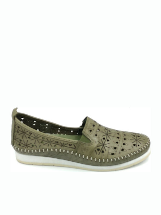 Leather Women's Moccasins in Khaki Color