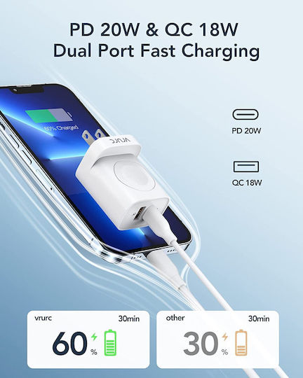 Veger Φορτιστής Χωρίς Καλώδιο με Θύρα USB-A και Θύρα USB-C 20W Power Delivery Λευκός
