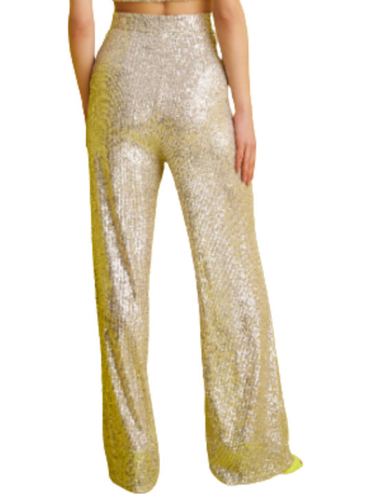 Damen Hoch tailliert Stoff Hose Silber mit Pailletten