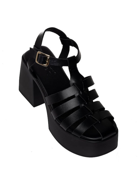 Sante Platform Leather Women's Sandals Black with Chunky High Heel