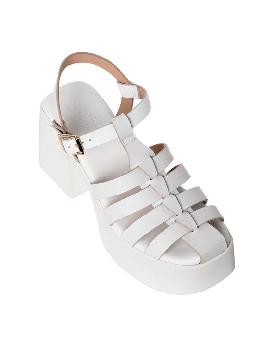 Sante Platform Leather Women's Sandals White with Chunky High Heel