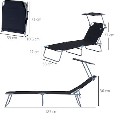 Outsunny Șezlonguri de Plajă Negre Pliabile Metalice cu Parasolar 187x58x27cm. 1buc