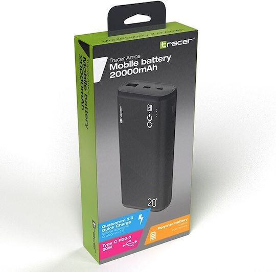 Tracer Amos Power Bank 20000mAh 20W with USB-A Port and 2 USB-C Ports Power Delivery / Quick Charge 3.0 Black