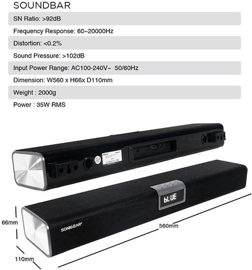 Sonic Gear Sonicbar 5300BT Soundbar 2.1 Bluetooth und HDMI 35W mit kabellosem Subwoofer und Fernbedienung Schwarz