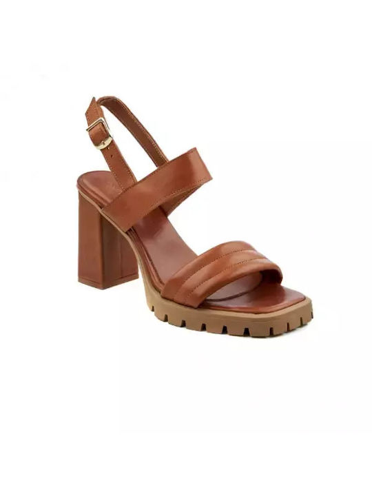 Commanchero Original Platform Leather Women's Sandals Tabac Brown with Chunky High Heel