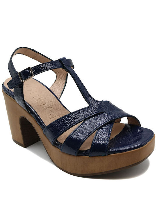 Wonders Leather Women's Sandals Navy Blue with Chunky High Heel