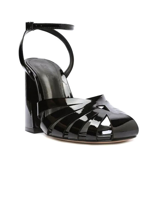 Schutz Patent Leather Women's Sandals Black with Chunky High Heel