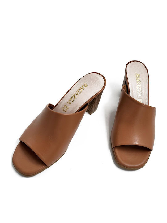 Leather Mules with Chunky High Heel in Tabac Brown Color