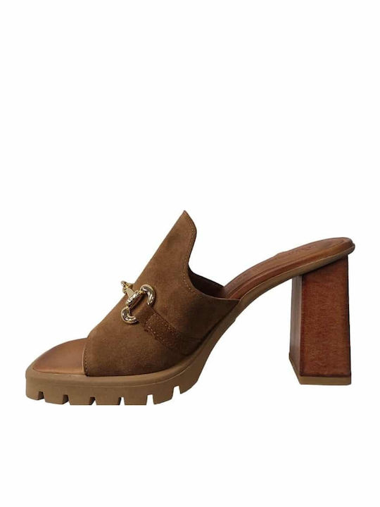 Suede Mules με Χοντρό Ψηλό Τακούνι σε Ταμπά Χρώμα