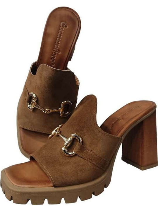 Suede Mules με Χοντρό Ψηλό Τακούνι σε Ταμπά Χρώμα