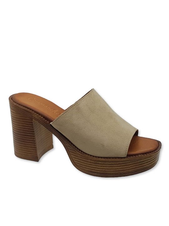 Commanchero Original Mules mit Chunky Hoch Absatz in Beige Farbe