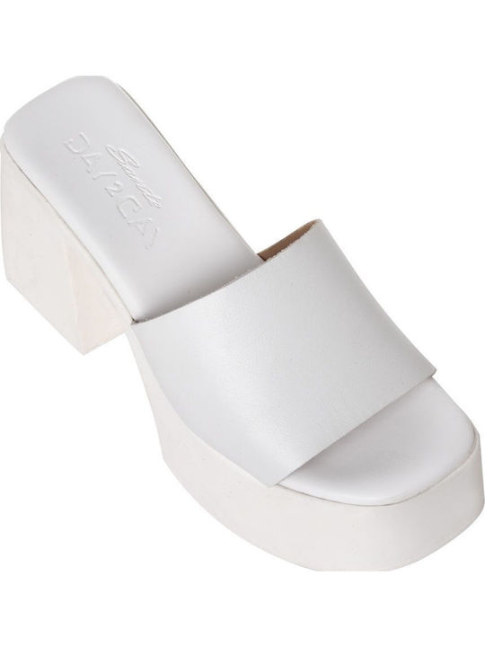 Leather Mules with Chunky High Heel in White Color