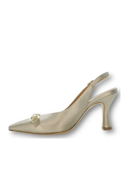 Leather Pointed Toe Silver Heels with Strap