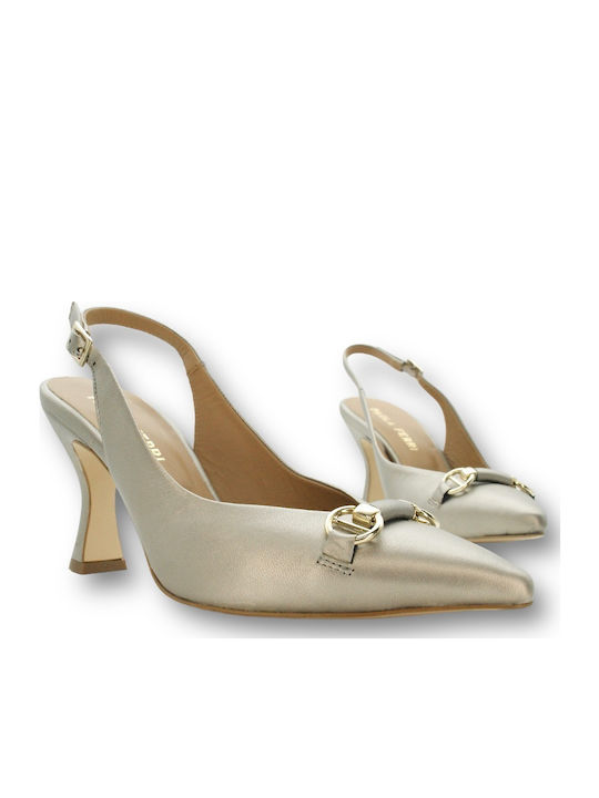 Leather Pointed Toe Silver Heels with Strap