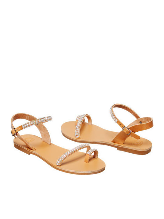 Leather Women's Flat Sandals with Strap in White Color