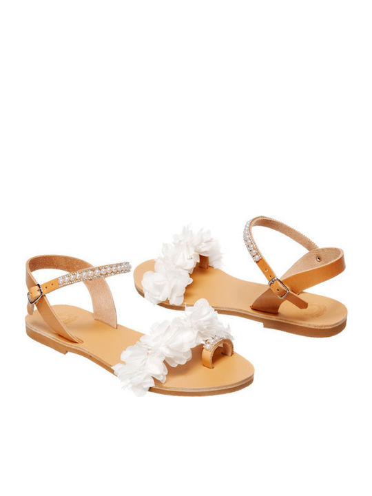 Leather Women's Flat Sandals with Strap in White Color