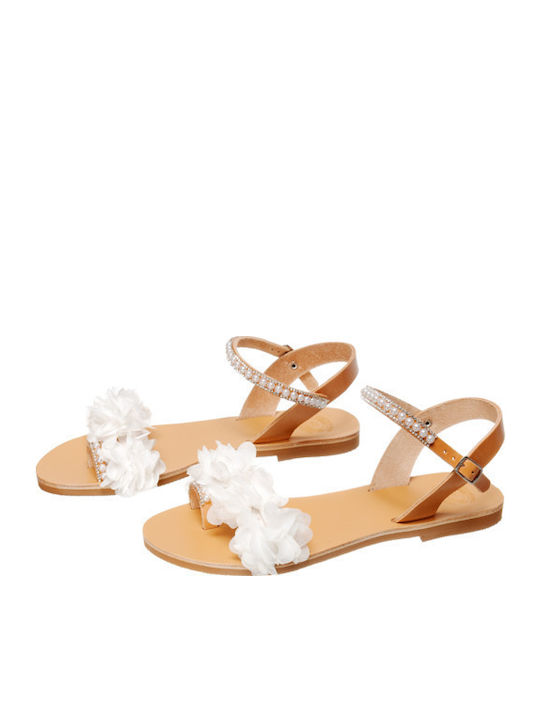 Leather Women's Flat Sandals with Strap in White Color