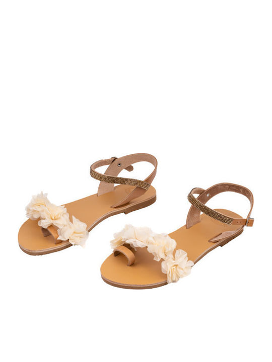 Leather Women's Flat Sandals with Strap in Beige Color
