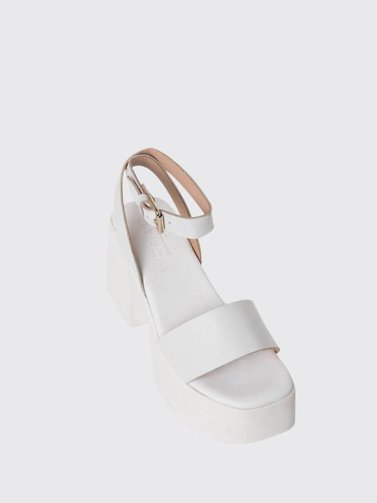 Sante Platform Leather Women's Sandals White with Chunky High Heel