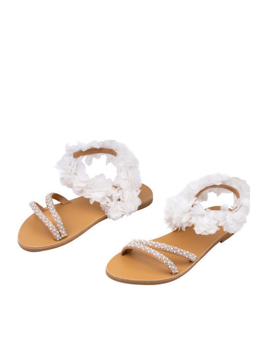 Leather Women's Flat Sandals in White Color