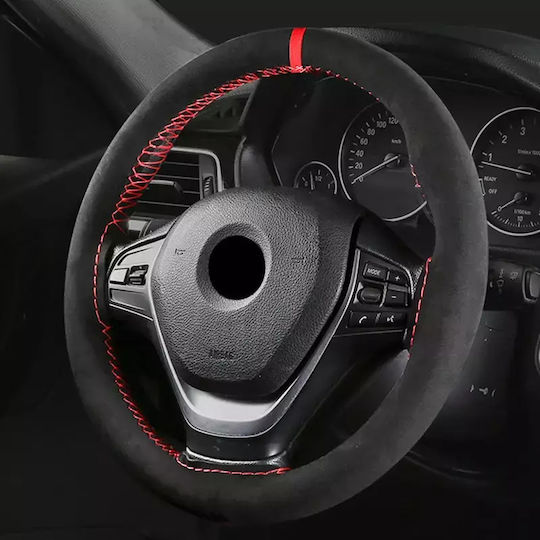 Auto-Lenkradabdeckung Maßgeschneidert mit Durchmesser 38cm Leder Schwarz mit Roter Naht