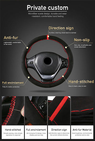 Auto-Lenkradabdeckung Maßgeschneidert mit Durchmesser 38cm Leder Schwarz mit Roter Naht