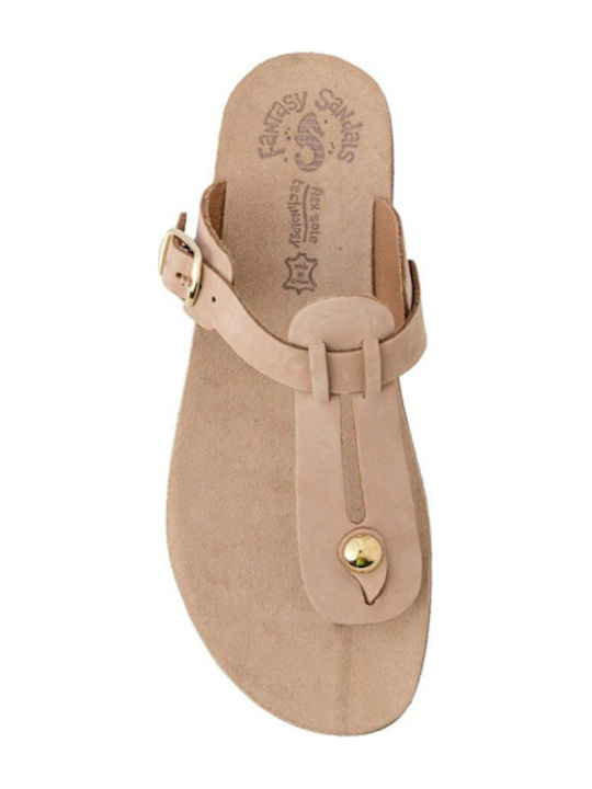 Leather Women's Flat Sandals in Beige Color