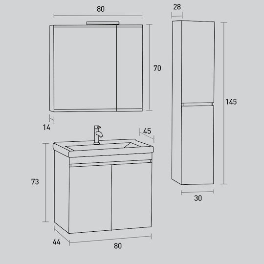 Pro Bagno Elegant 951A Countertop with Sink, Mirror & Column with Light Glossy Lacquer L80xW44xH73cm W21 White