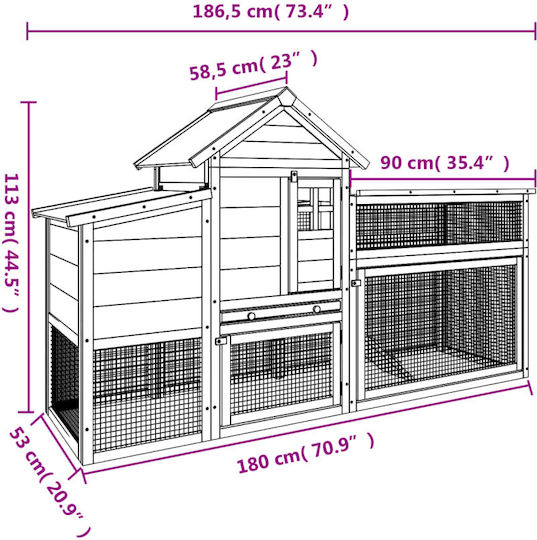 vidaXL Wooden Poultry Coop 2-Level L1.86 x W1.13 x H0.58m