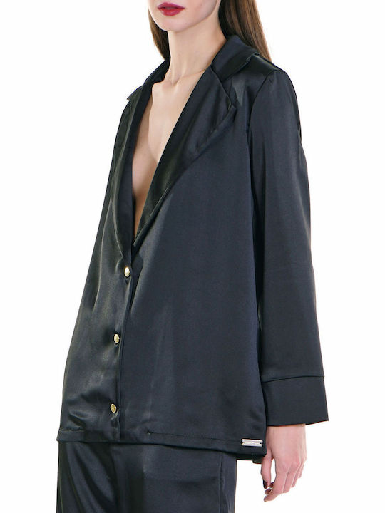 Langärmelig Damen Satin,σατεν Hemd Schwarz Monochrom
