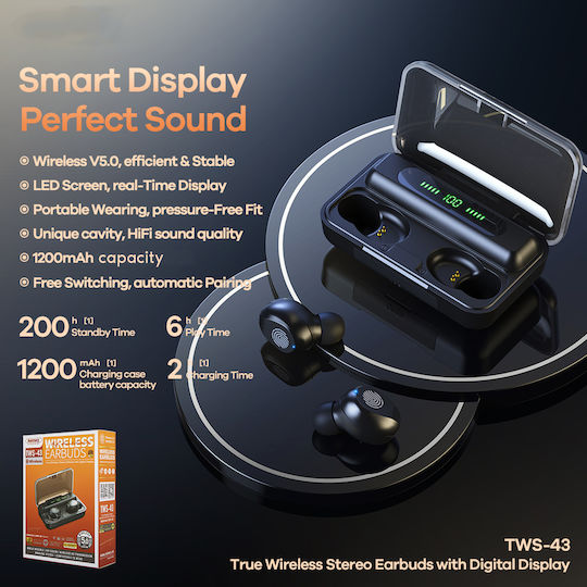 Remax Stereo Wireless True Stereo TWS-43 Earbud Bluetooth Handsfree Earphones with Charging Case Black