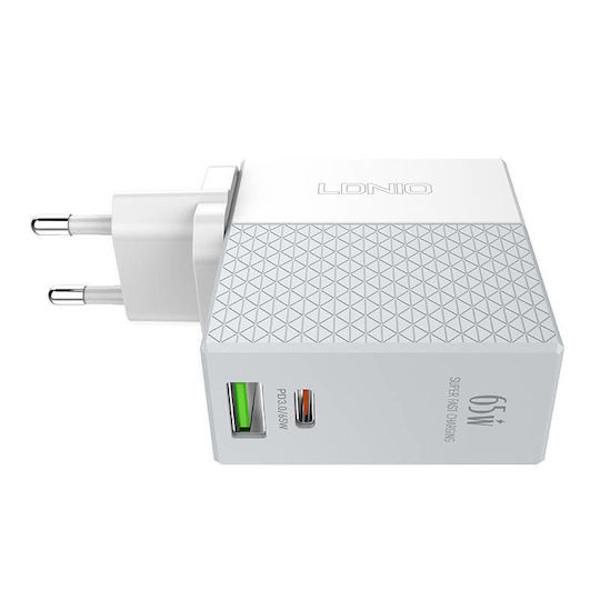 Ldnio Φορτιστής με Θύρα USB-A και Θύρα USB-C και Καλώδιο USB-C 65W Power Delivery / Quick Charge 3.0 Λευκός (A2620C)