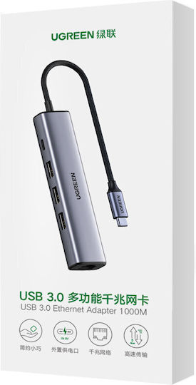 Ugreen CM475 USB-Hub mit 3 Anschlüssen USB 3.0 mit USB-C / Ethernet Grau