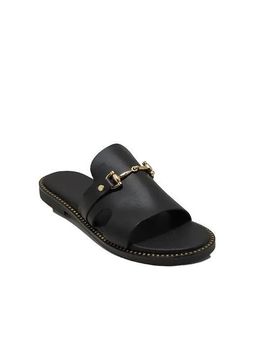 Leather Women's Flat Sandals in Black Color