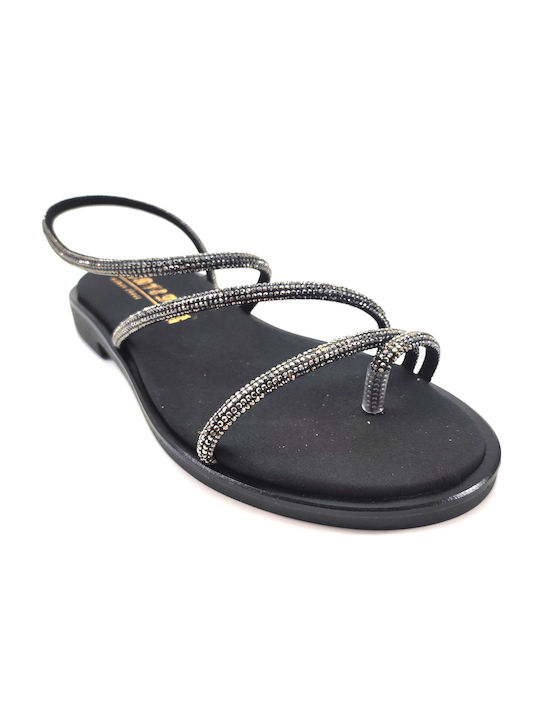 BLACK LEATHER SANDALS WITH STRAYS - Black