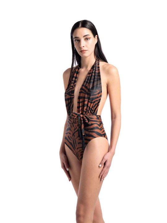 One piece Swim Swimwear Zebra Brown Tassels