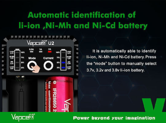 Vapcell U2 USB Φορτιστής 2 Μπαταριών Li-ion/Ni-Cd/Ni-MH Μεγέθους AA/AAA/D/18650/21700