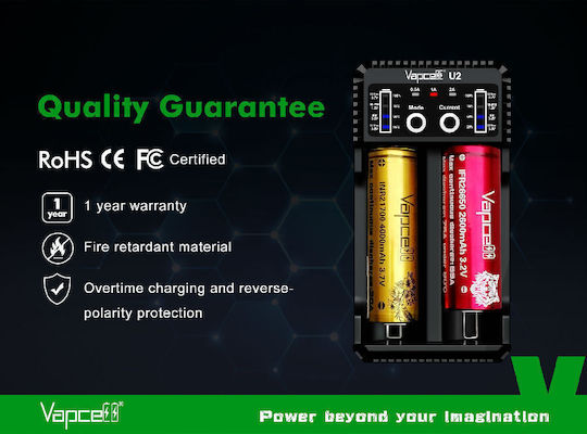 Vapcell U2 USB Φορτιστής 2 Μπαταριών Li-ion/Ni-Cd/Ni-MH Μεγέθους AA/AAA/D/18650/21700